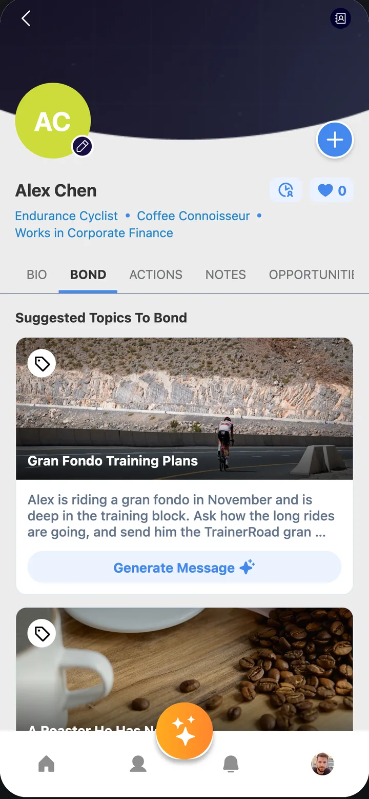 Suggested topics to bond over in bondai, with a Generate Message button.