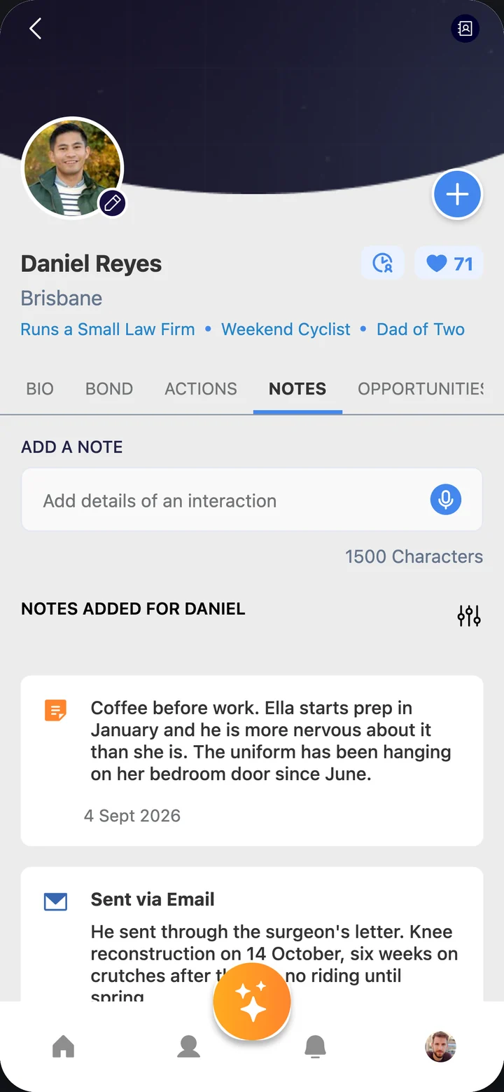 The Notes tab in bondai, with spoken notes written up and filed against the right person.